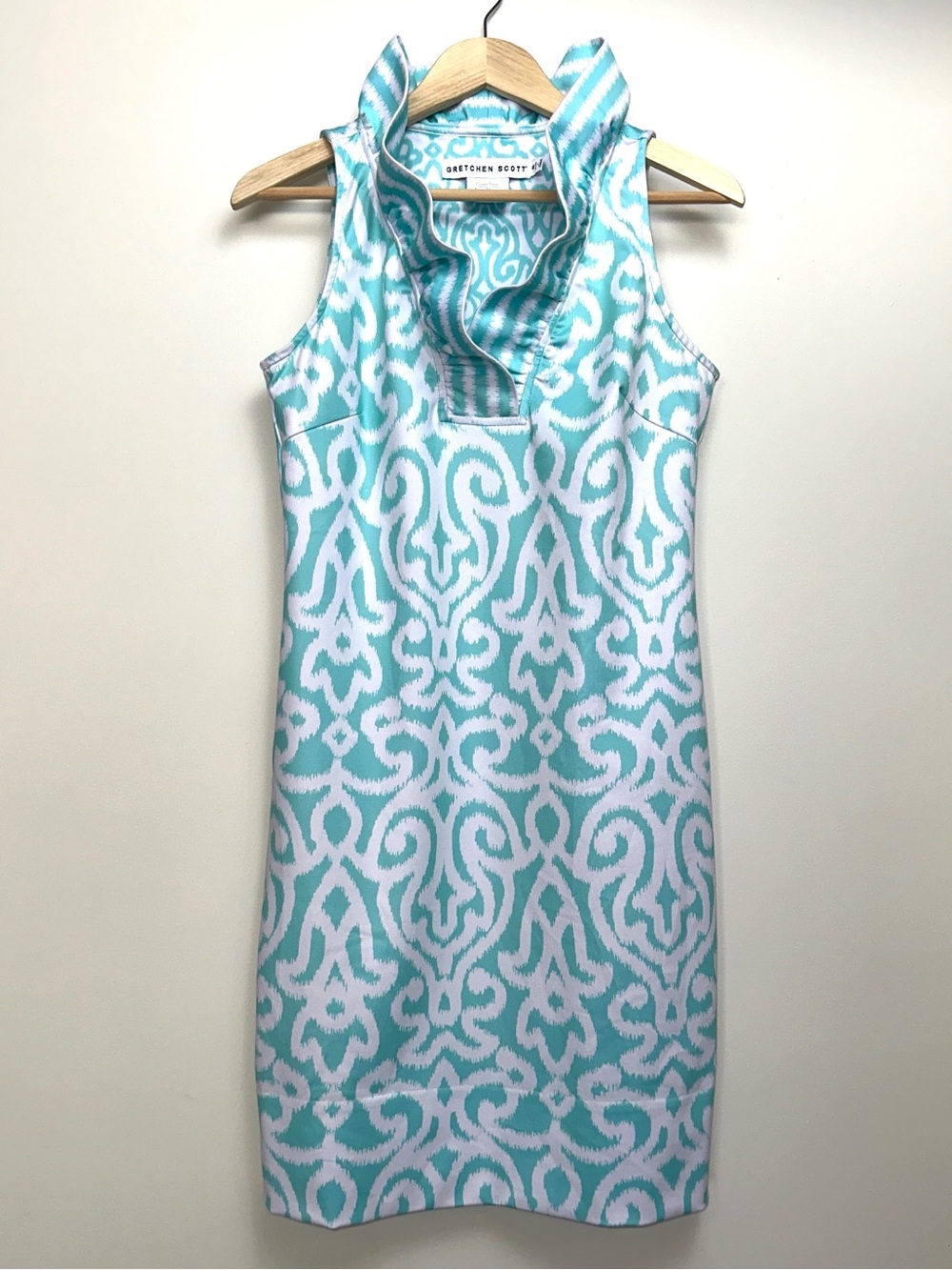 GRETCHEN SCOTT Ruff Neck Sleeveless Dress in Sea Green and White